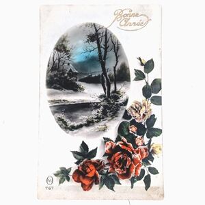 French Bonne Année Winter Scene Cottage with Brook and Distant Village New Year